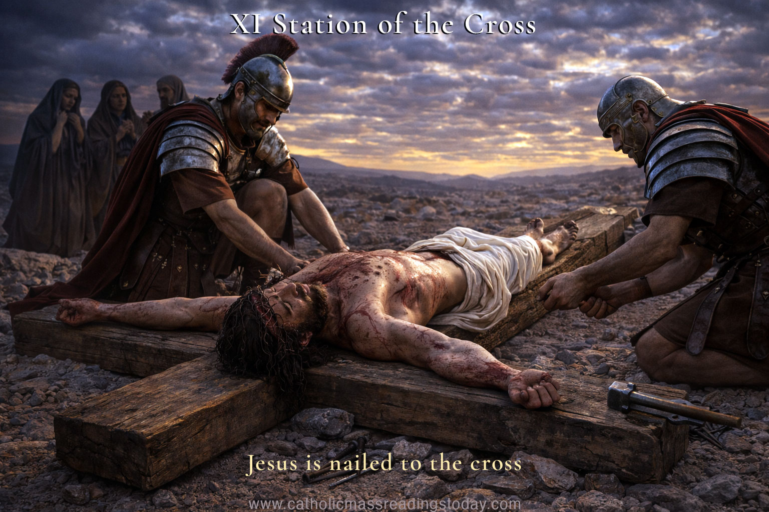 11th Station of the cross. Jesus is nailed to the cross
