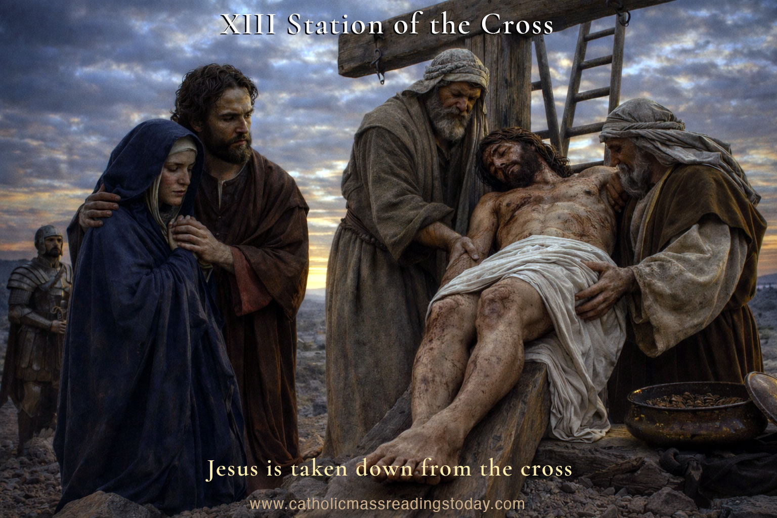 13th Station of the cross. Jesus is taken down from the cross.