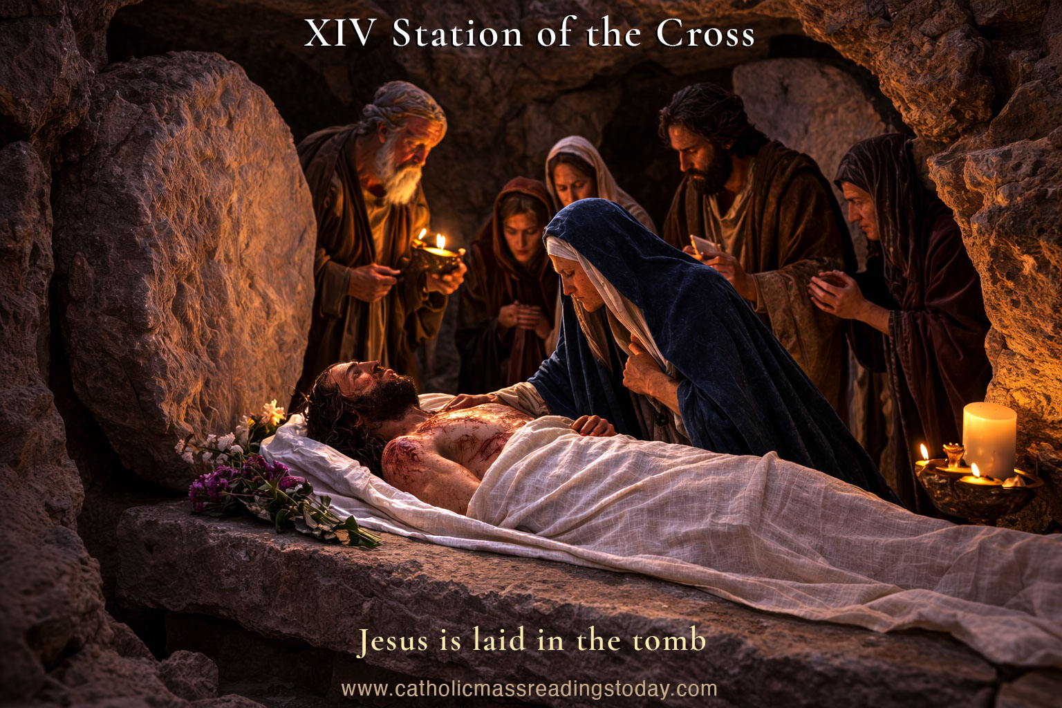 14th Station of the cross. Jesus is laid in the tomb.
