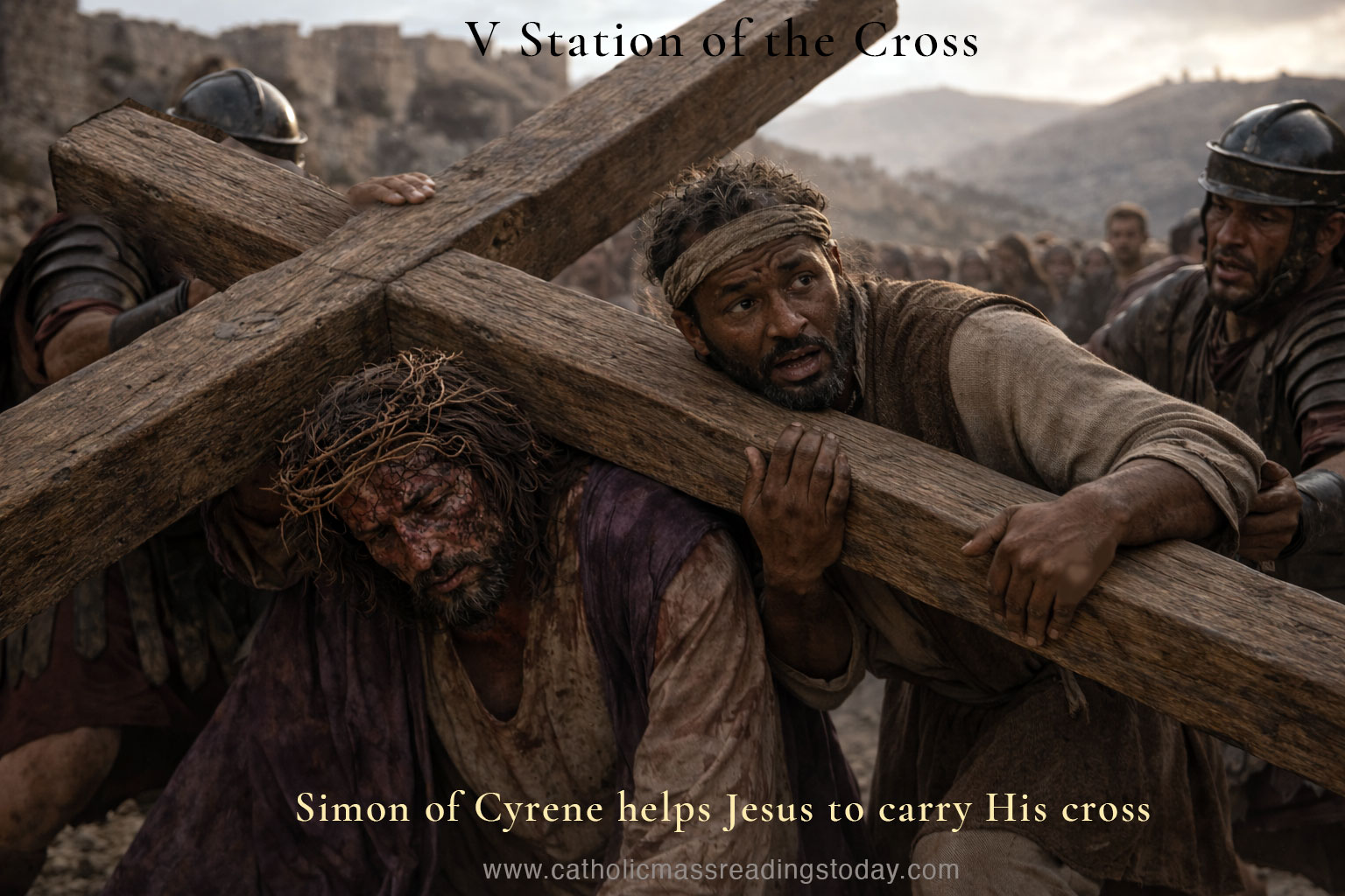 5th Station of the cross. Simon of Cyrene helps Jesus carry His cross