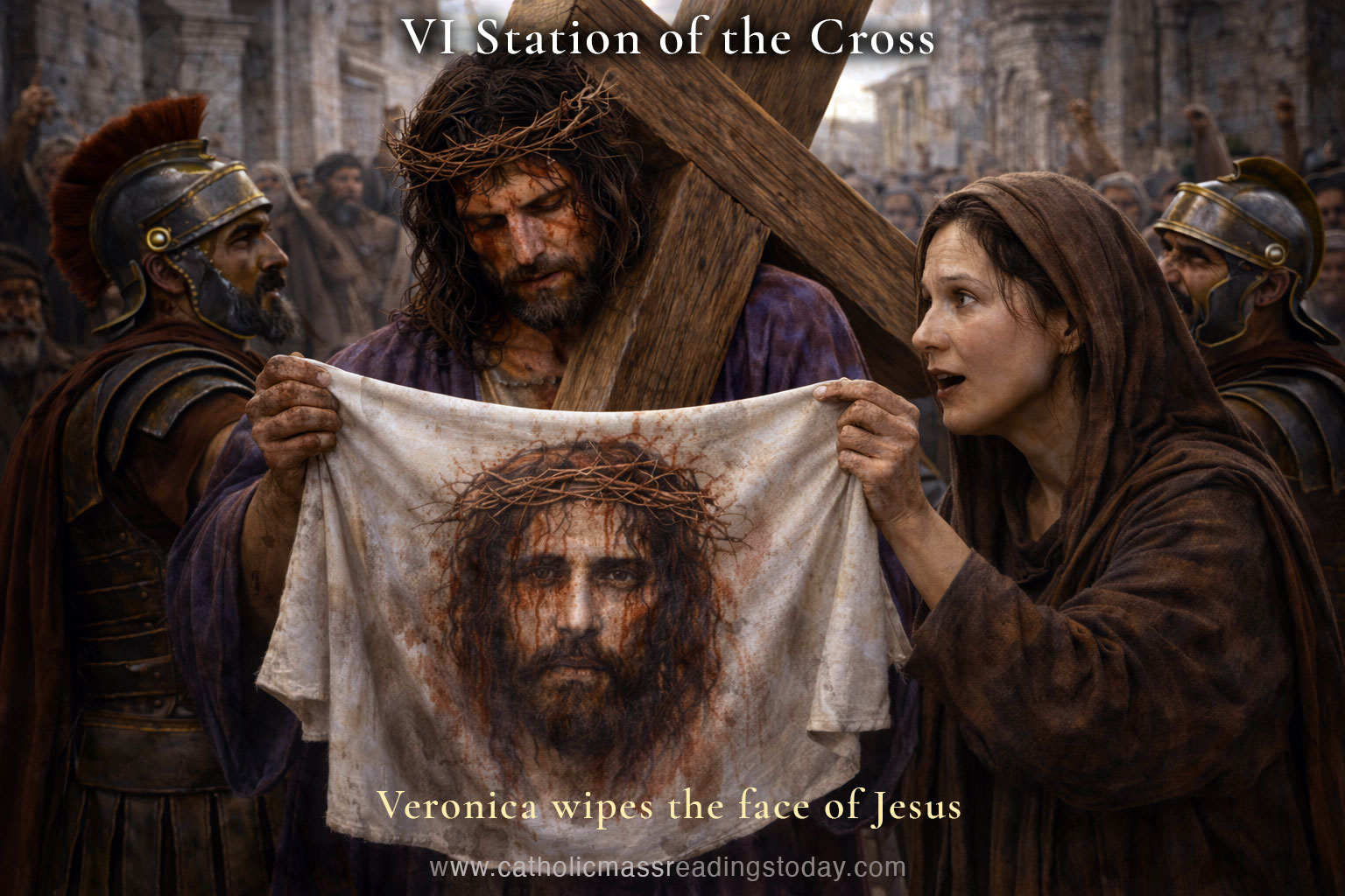6th Station of the cross. Veronica wipes the face of Jesus.