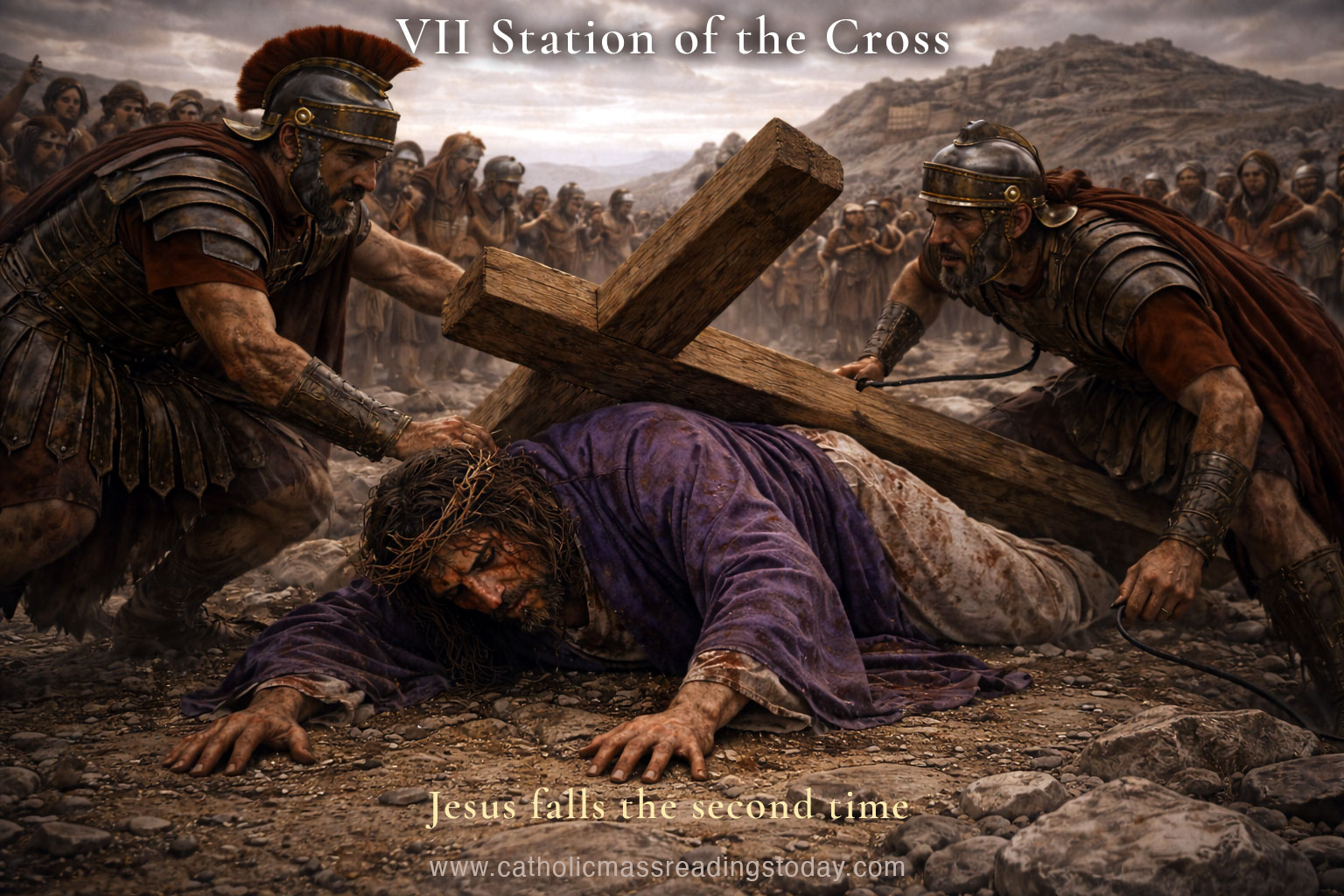 7th Station of the cross. Jesus falls the second time