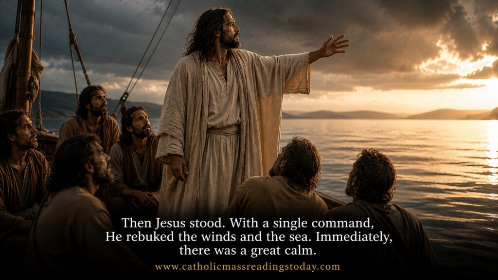 Jesus stood. With a single command, He rebuked the winds and the sea.