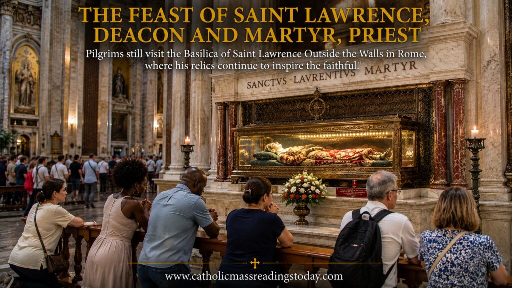 Pilgrims pray reverently before Saint Lawrence's shrine inside his historic Roman basilica